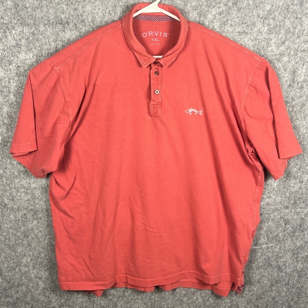 Orvis Men's XXL Short Sleeve Polo Shirt Coral Salmon 100% Cotton Fish Logo 2XL